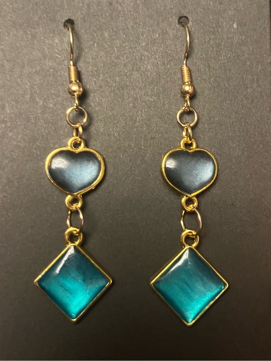Jewelry - Teal and Silver heart dangle earrings with gold accent